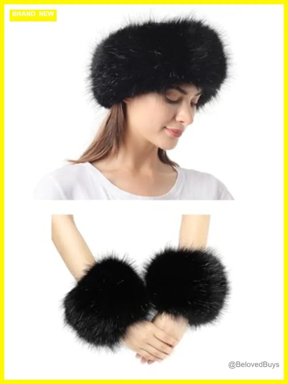Faux Fur Headband with Earmuffs and Wrist Cuff Set Winter